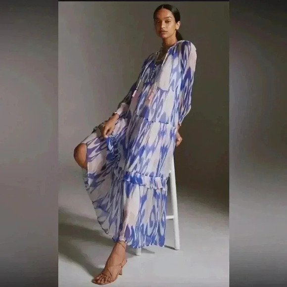 Anthropologie Marais Chiffon Maxi Dress Ruffled Tiers Sheer Tassel Beach Small - Picture 3 of 13